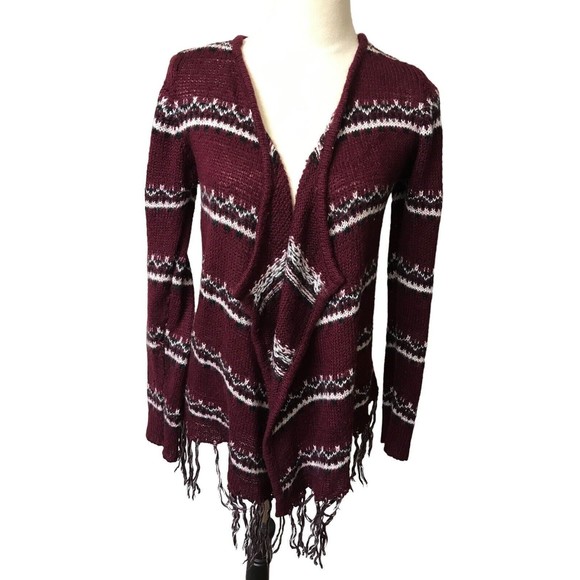 Jason Maxwell Women's Open Cardigan  Burgundy Boho Fair Isle Tassel Sweater S - Picture 1 of 8